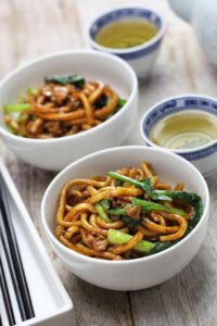 Shanghai Noodles in bowls on a table