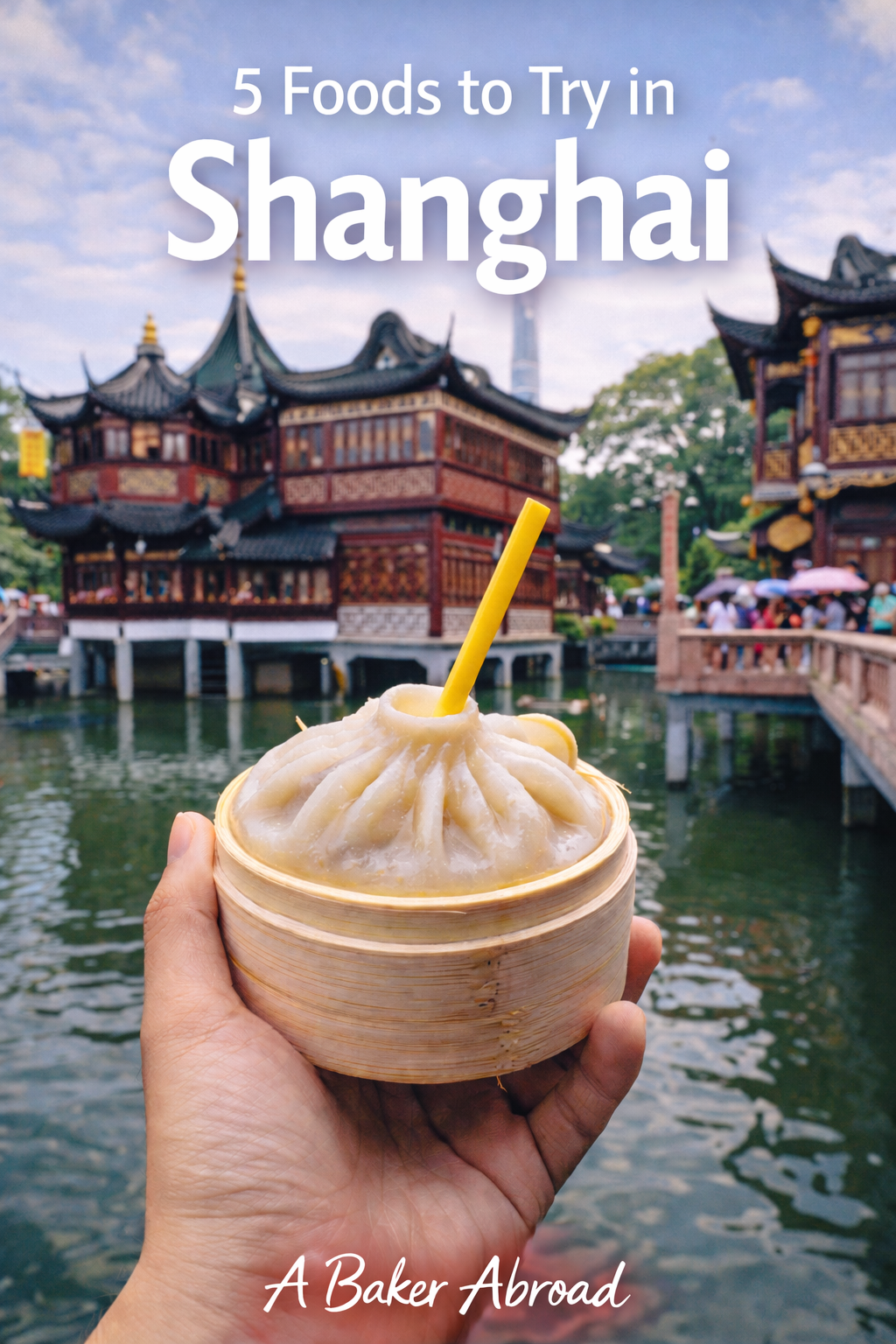 Hand holding xiao bao long in front of yu gardens in Shanghai, China